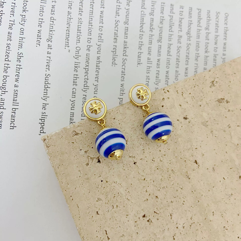Tory Burch Blue White Stripe Round Pendant Letter Earrings